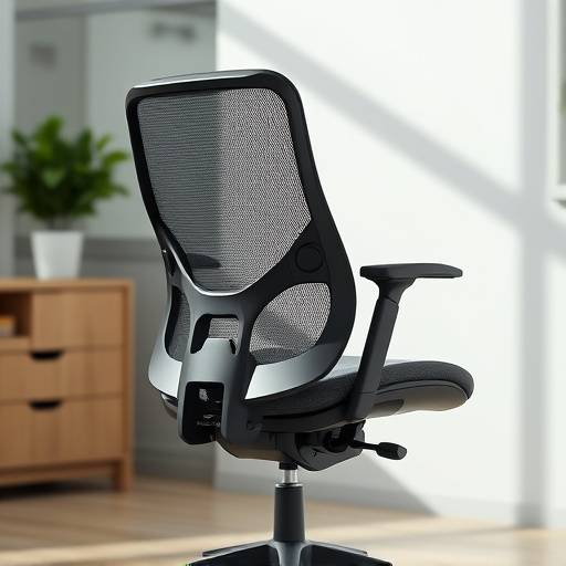 Cadeira de escritório ergonômica com encosto de tela e ajustes de altura e inclinaäão.