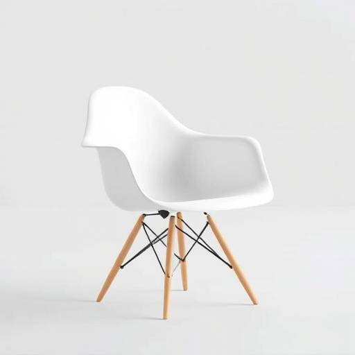 Cadeira Eames branca com base de madeira clara.