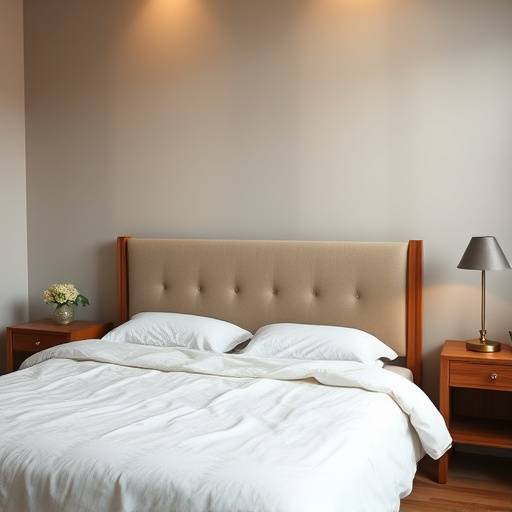 Cama de casal com cabeceira estofada e estrutura em madeira nobre.
