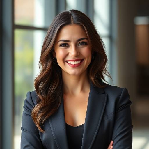 Foto de Ana Paula, gerente de vendas da Móveis Sol Nascente, sorrindo e vestindo um blazer.