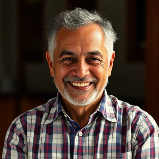 Foto de José Antônio, fundador da Móveis Sol Nascente, sorrindo e vestindo uma camisa xadrez.