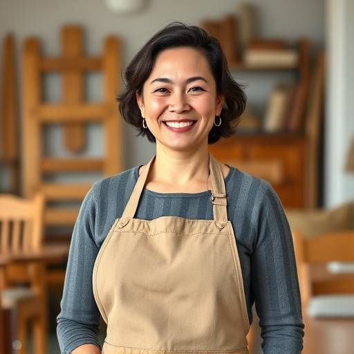 Foto de Maria Clara, fundadora da Móveis Sol Nascente, sorrindo e vestindo um avental de trabalho.