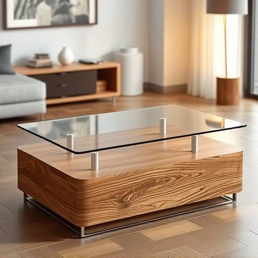 Mesa de centro de madeira maciäa com tampo de vidro temperado.