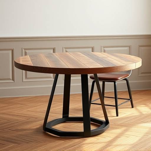 Mesa de jantar redonda com tampo de madeira e pés metálicos pretos.