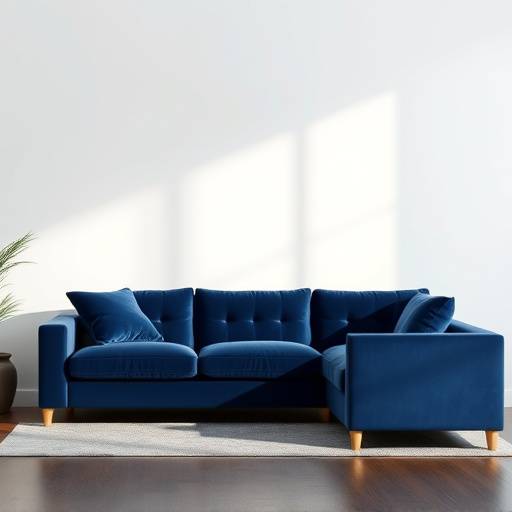 Sofá de canto modular em tecido aveludado azul marinho.